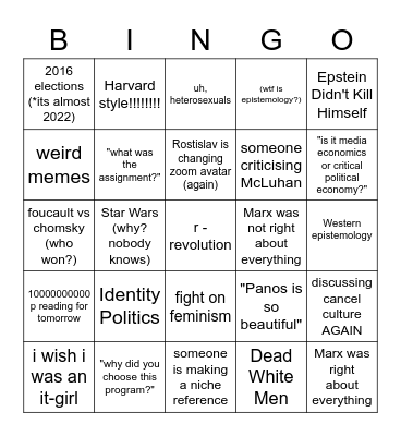 Literally Any Critical Media Studies Class Bingo Card