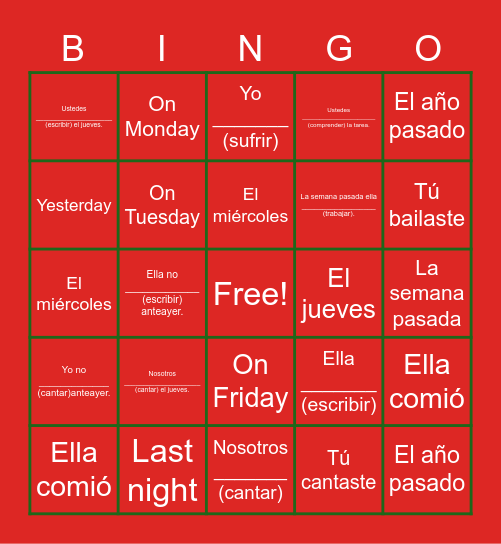 REPASO - ¡Hay un examen hoy en clase! Bingo Card