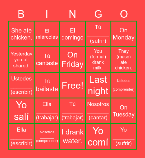 REPASO - ¡Hay un examen hoy en la clase! Bingo Card