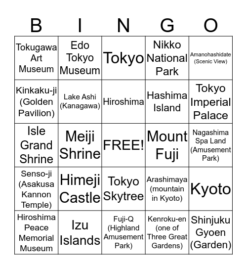 Anime Bingo: Famous Places in Japan  Bingo Card