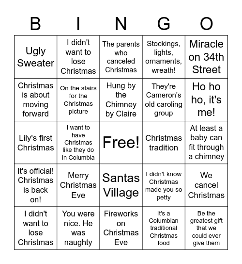 Modern Family Bingo Card