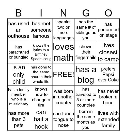 SOLID ROCK DAY CAMP Bingo Card