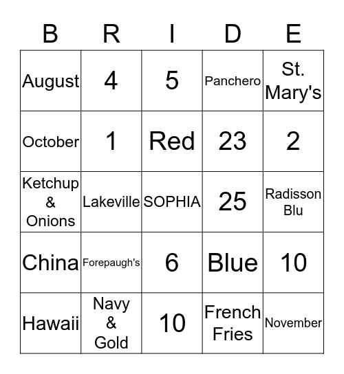 Bridal Bingo Card