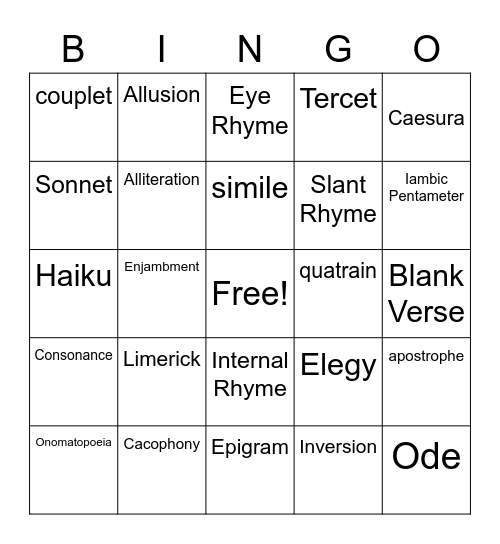 Poetry Term Bingo! Bingo Card