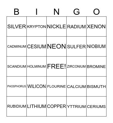 Periodic Table Bingo Card