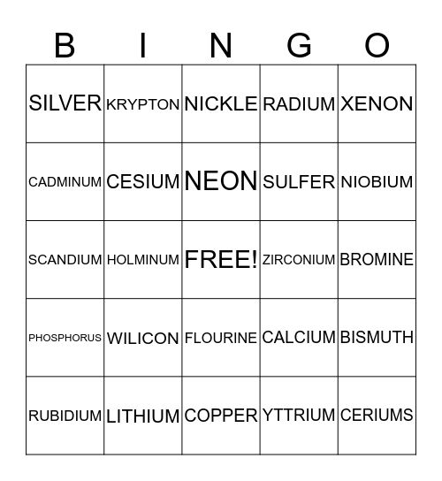 Periodic Table Bingo Card
