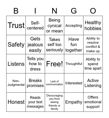 Healthy Relationship BINGO Card
