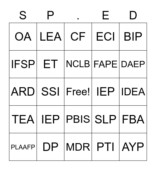 SPED Bingo Card
