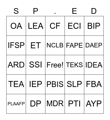SPED Bingo Card