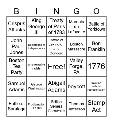 Revolutionary War Bingo Card