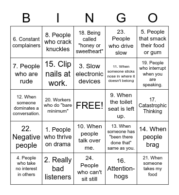 Pet Peeve Bingo Card