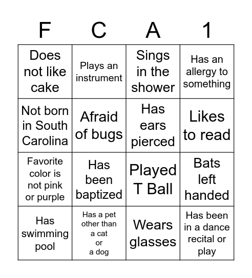 FCA 10U Softball Team Bingo Card