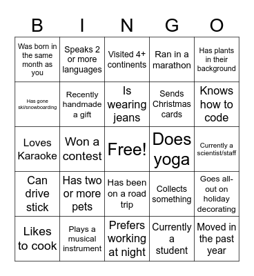 RRI Holiday Party Icebreaker Bingo Card
