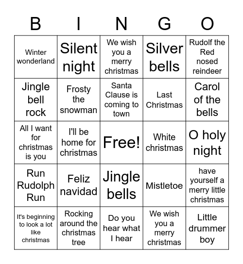 Christmas song Bingo Card