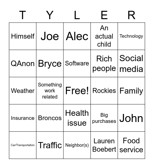 What is Tyler mad at today? Bingo Card