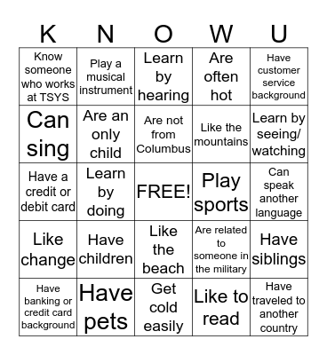 GETTING TO... Bingo Card