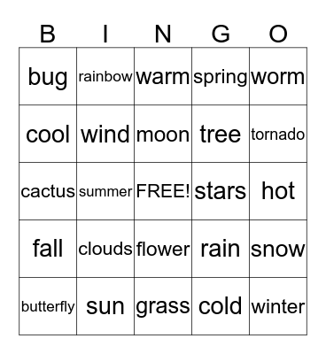 Weather and Outdoor Words Bingo Card