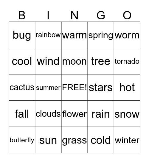 Weather and Outdoor Words Bingo Card