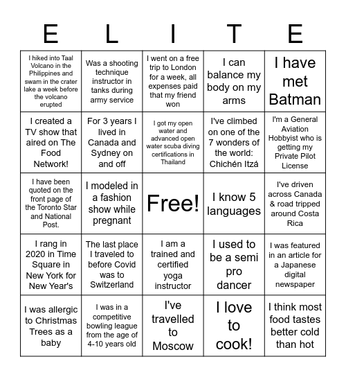 Elite Human Bingo 2021 Bingo Card