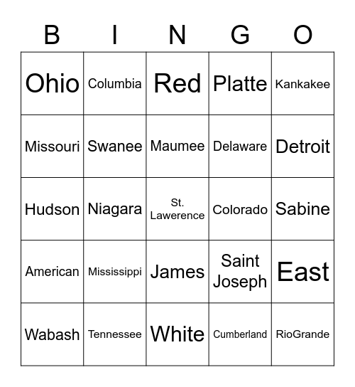 United States Rivers Bingo Card