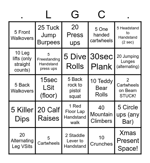 Xmas Gymnastics Bingo Card
