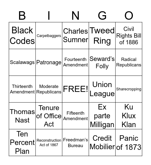 Reconstruction   Bingo Card