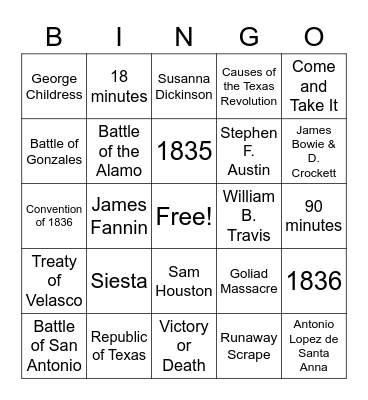 Texas Revolution Bingo Card