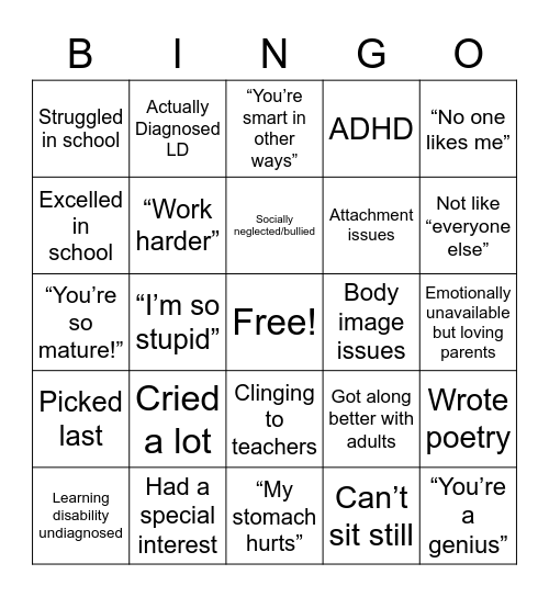 Gifted Kid Bingo Card