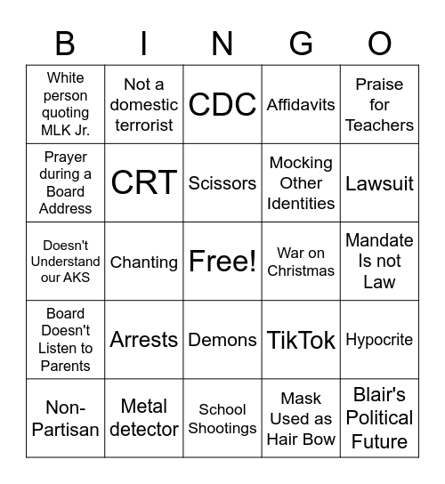 December 2021 GCPS School Board Meeting Bingo Card