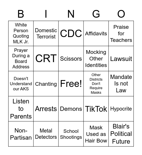 December 2021 GCPS Board Meeting Bingo Card