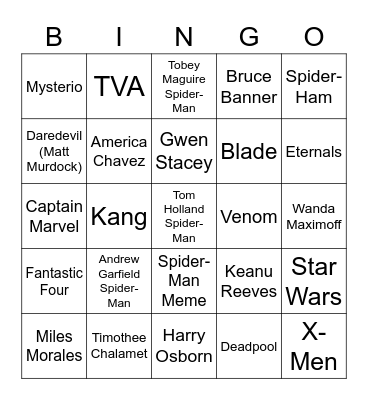 Spider-Man No Way Home Characters Bingo Card