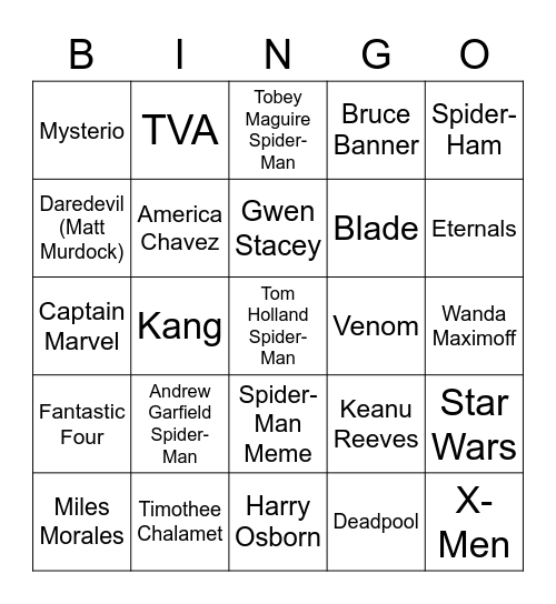 Spider-Man No Way Home Characters Bingo Card