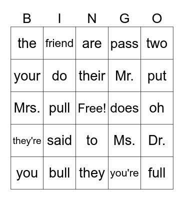 Irregular Words 1-(beginning) 3 Bingo Card