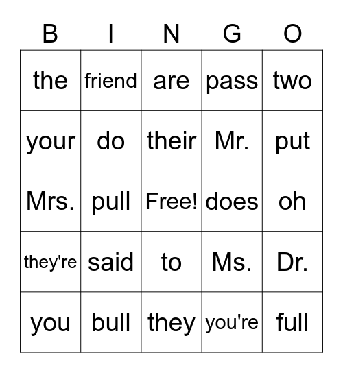 Irregular Words 1-(beginning) 3 Bingo Card