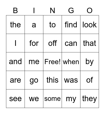 Sight words Bingo Card