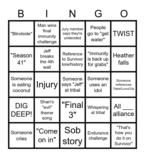 Survivor Season 41 Finale! Bingo Card