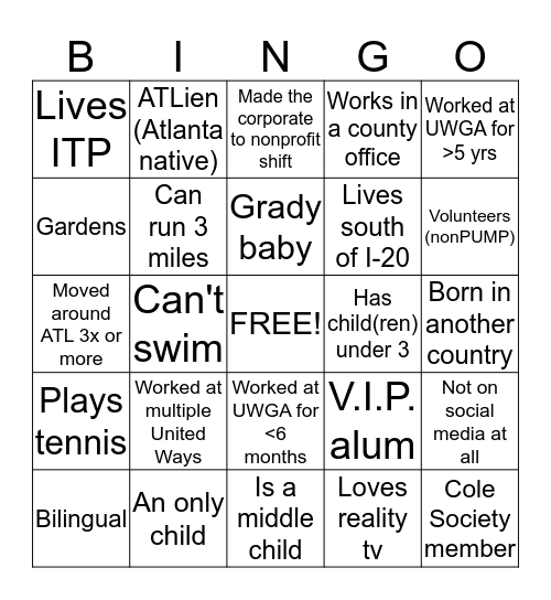 United Way of Greater Atlanta Bingo Card