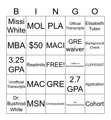 Admissions Bingo Card