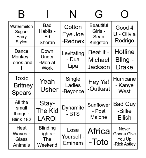 Music Bingo Card