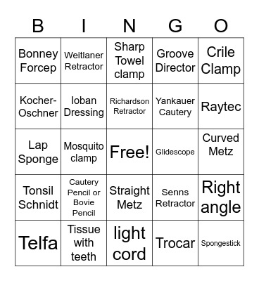 OR Instruments and Supplies Bingo Card