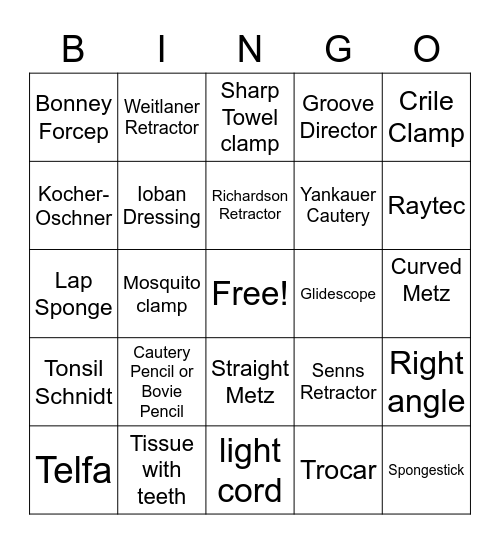 OR Instruments and Supplies Bingo Card