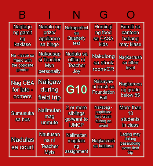 GRADE 10 CHRISTMAS BINGO Card