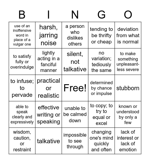 Vocabulary Words: Fall Semester Bingo Card