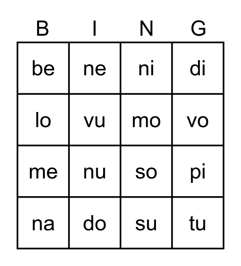 Silabas Bingo Card