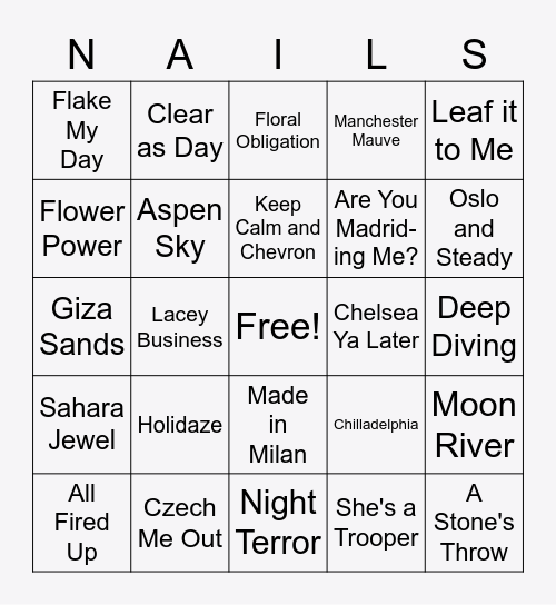 Team Swanky Nail Bingo Card