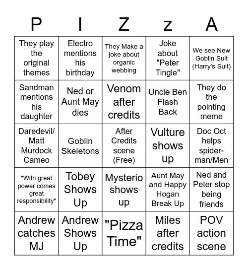 No Way Home Bingo Card