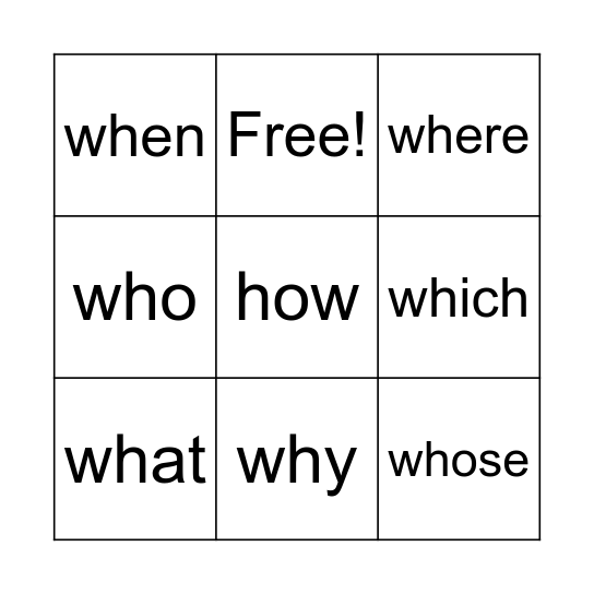 Question words Bingo Card
