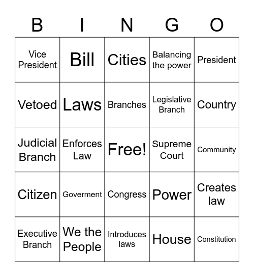 Goverment and Branches Bingo Card