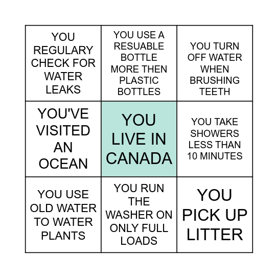 Water Conservation Check Bingo Card