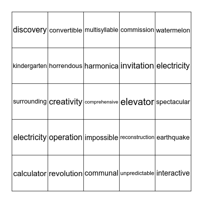 Multisyllable Words Bingo Card